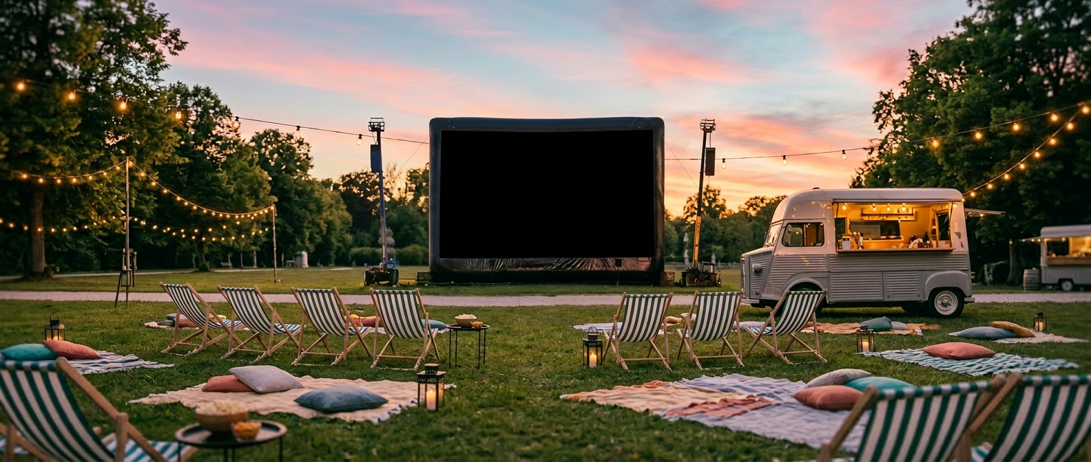 Open-Air Kinoabend mit Foodtruck, Liegestühlen und Lichterkette im Schlosspark