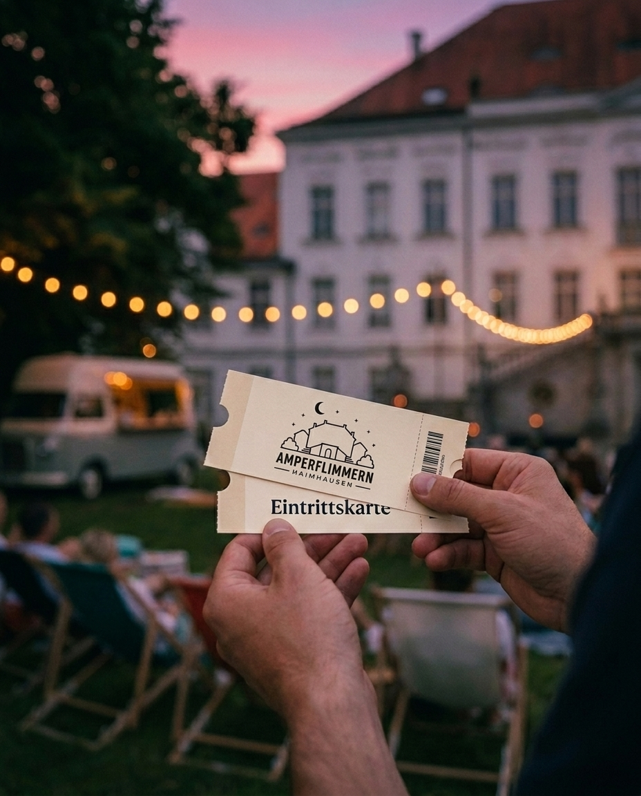 Hände halten zwei Amperflimmern Kinotickets